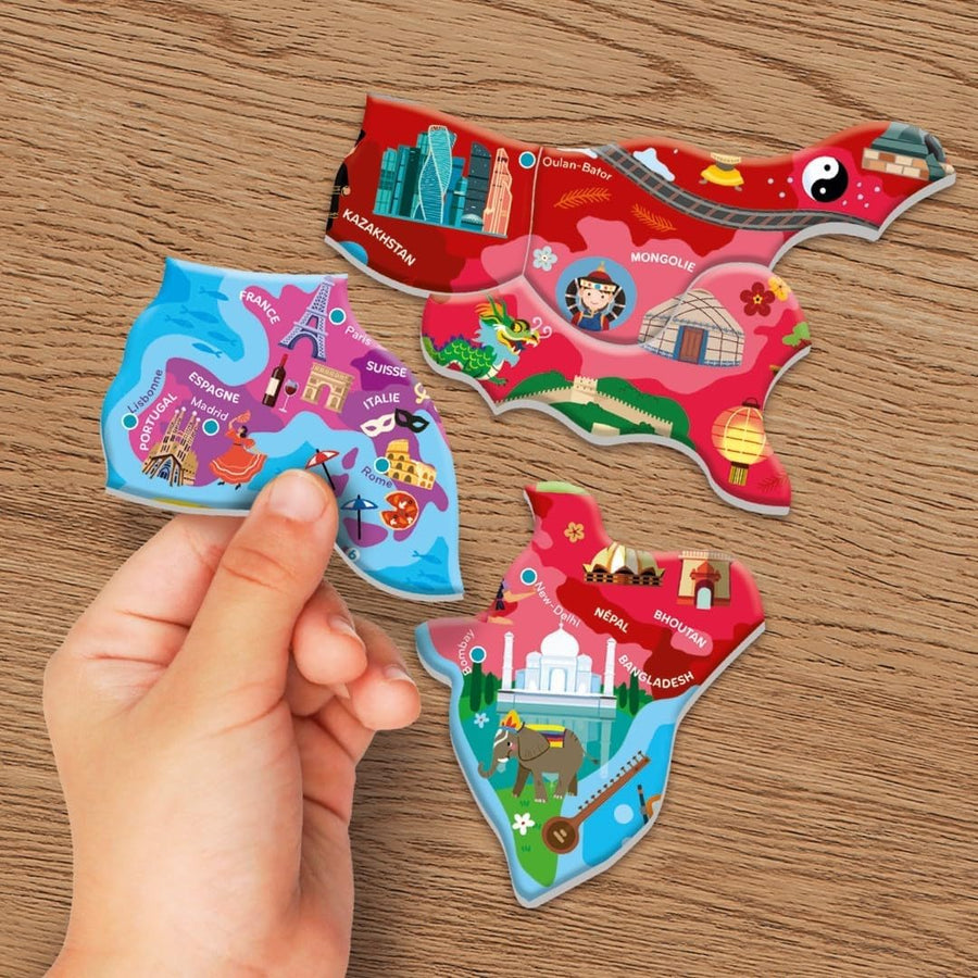 CLEMENTONI - Mon Puzzle Magnétique du Monde 4 Ans + - Planisphère Interactif - Découverte Animaux & Monuments - Jeu Éducatif Enfant