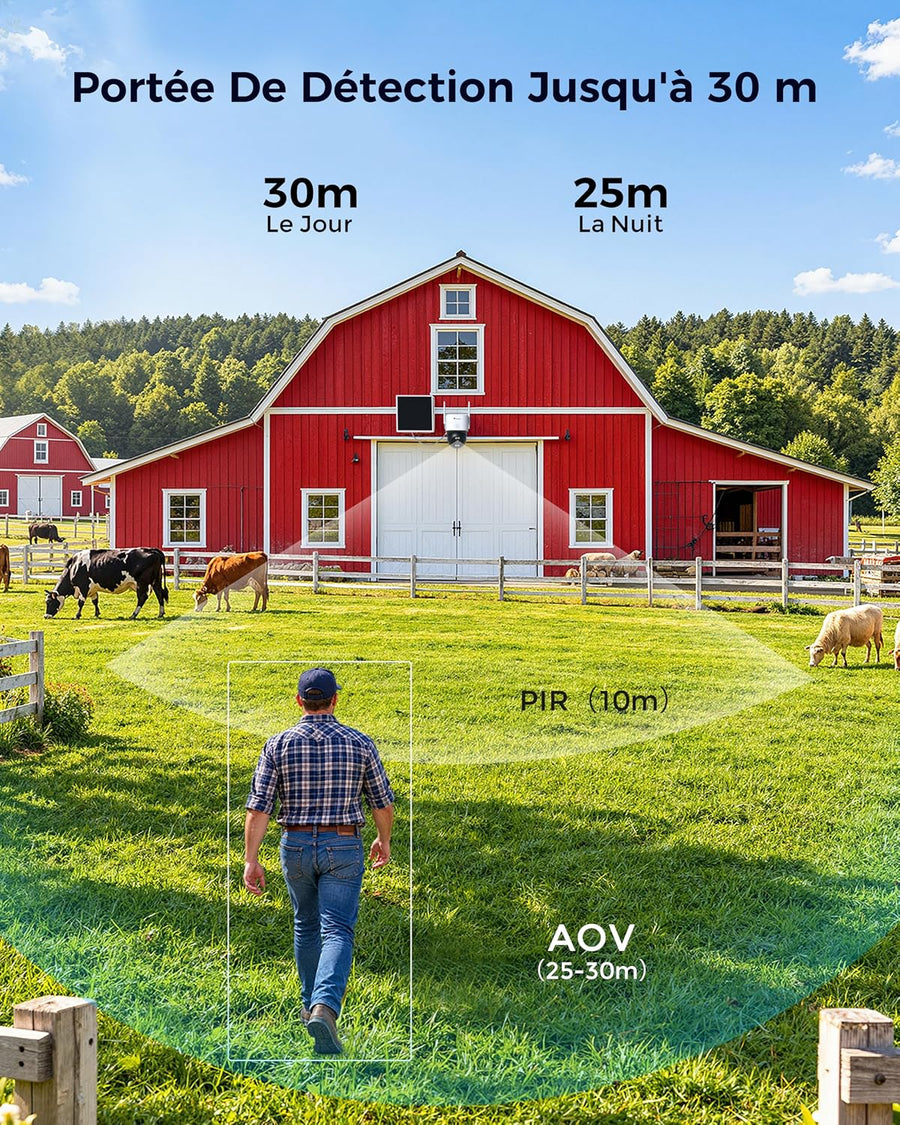Ctronics AOV 3K Caméra de Surveillance 4G Solaire Exterieur Sans Fil,IP66 Enregistrement 24/7,Suivi Auto ,Détection Humaine 30m, 14400mAh,Panneau 6W, Farb/IR Nachtsicht,TF 128 Go / Cloud / FTP