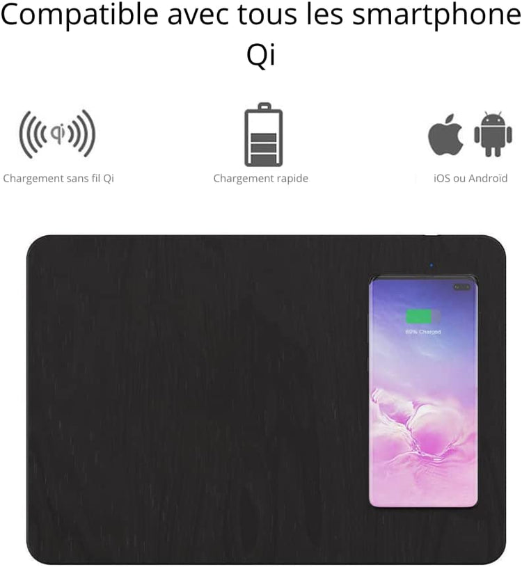 Tapis de Souris Ultra Fin Chargeur à Induction Qi sans Fil pour Smartphone NOIR