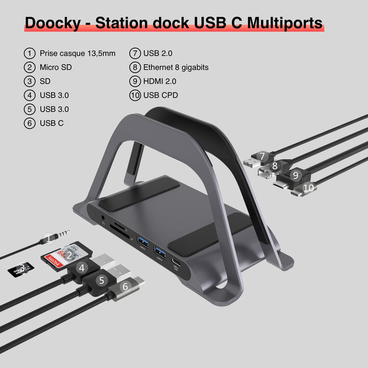 Station d'accueil Dock Station avec stand HDMI,Jack 3.5, SD, Micro SD, RJ45, USB 3.0