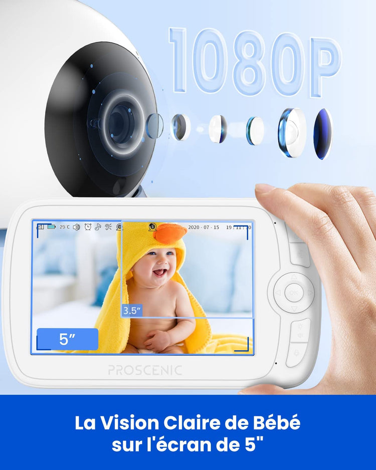 Babyphone Vidéo 1080P Rechargeable 3600mAh Ecran 5" Vision Nocturne Audio Bidirectionnel