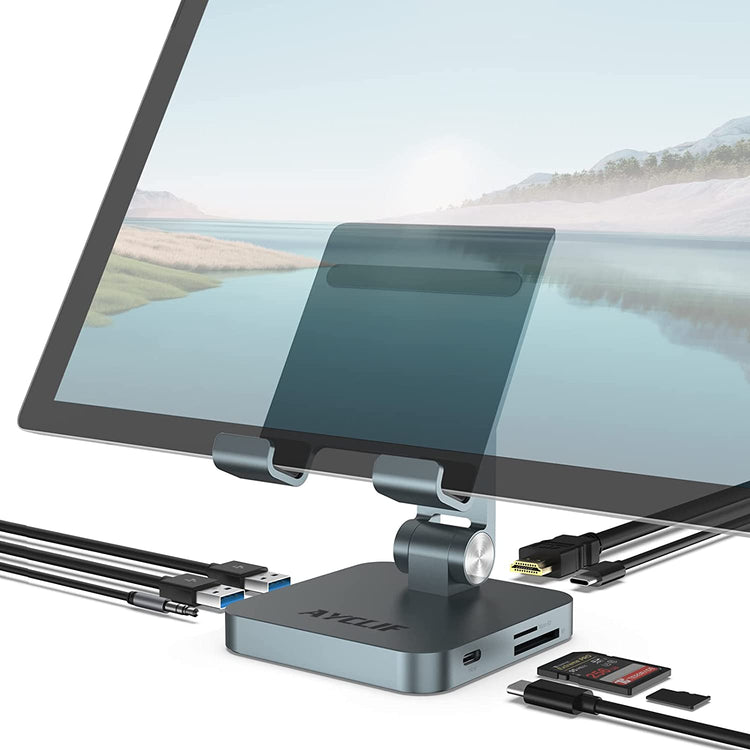 Stand Tablette Station d'accueil USB-C 8 en 1 4K HDMI, USB 3.0, 60W PD, Audio 3,5 mm, SD/TF