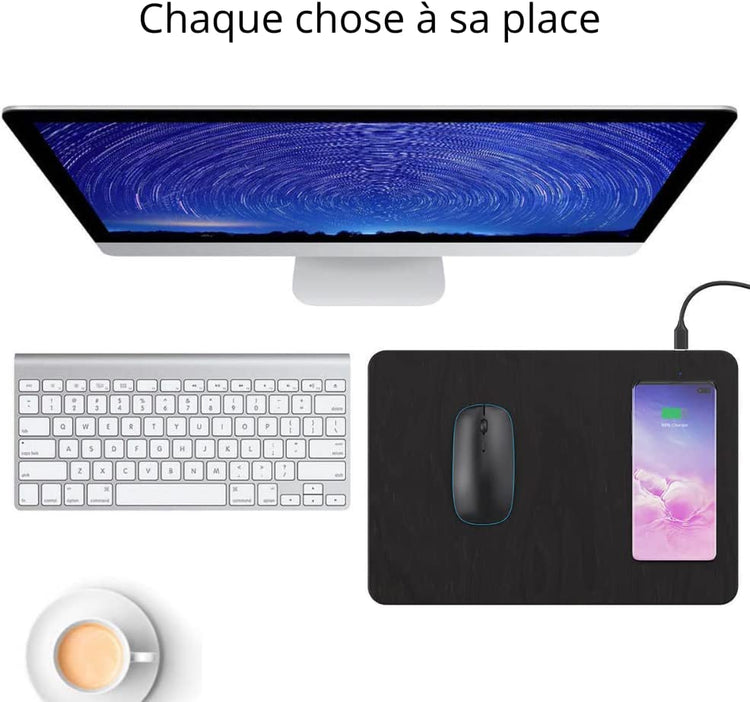 Tapis de Souris Ultra Fin Chargeur à Induction Qi sans Fil pour Smartphone NOIR