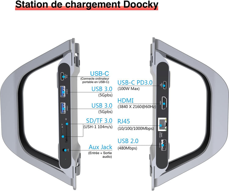 Station d'accueil Dock Station avec stand HDMI,Jack 3.5, SD, Micro SD, RJ45, USB 3.0