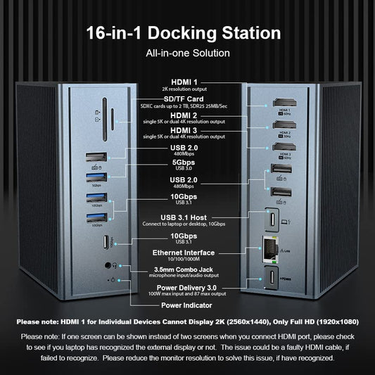 Station d'accueil 16en1 HDMI 100W PD USB-A/C 10Gbps RJ45 Audio Lecteur de Carte GRIS