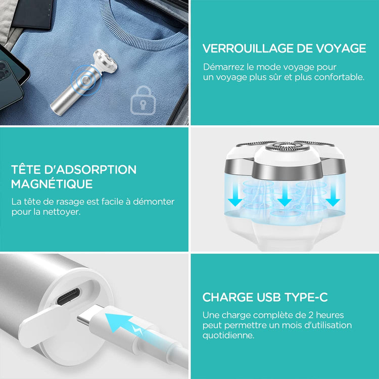 Rasoir Electrique Rotatif 3D Sans Fil Rechargeable Humide Sec Tondeuse Nez ARGENT