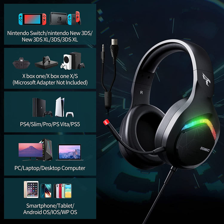 Casque de Jeu Prise 3,5 mm sur Casque avec lumière LED avec Microphone