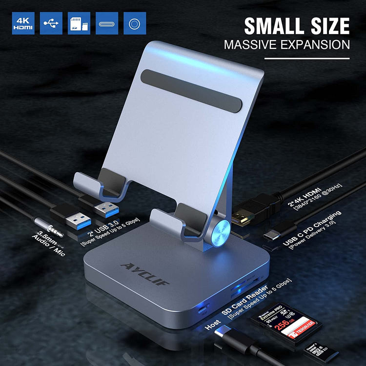 Stand Tablette Station d'accueil USB-C 8 en 1 4K HDMI, USB 3.0, 60W PD, Audio 3,5 mm, SD/TF