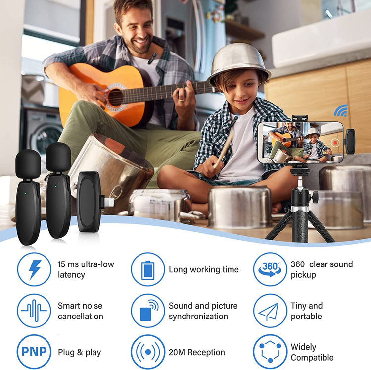 Microphone Cravate Sans Fil Vlog sans APP & Bluetooth Plug & Play 2,4 GHz Réduction de Bruit