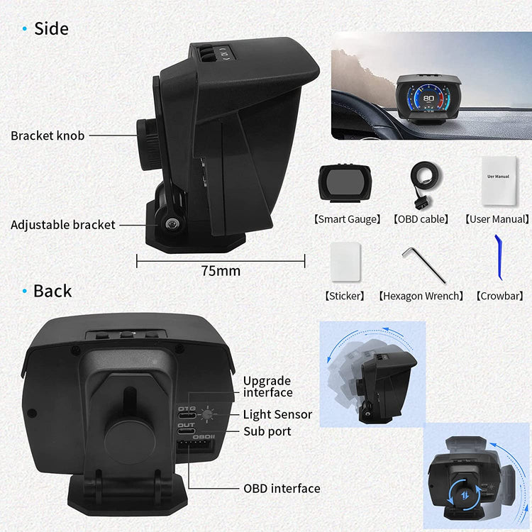 Display GPS 2-Systems+Inclinometer Smart Gauge RPM Tachymètre Odomètre Turbo/Turbine Pression