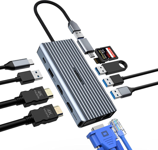 Station d'accueil USB-C 12en1 Triple Affichage 2*4K HDMI VGA 3*USB-A 3.0 USB-A 2.0 LAN SD/TF