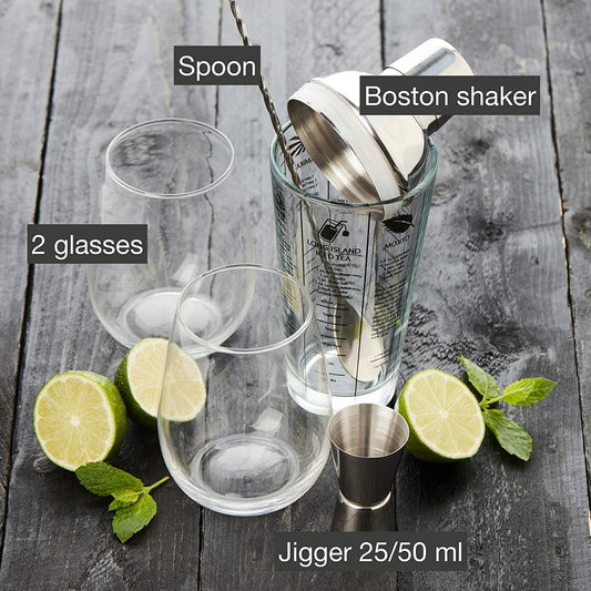 Kit Cocktail Complet 5 pcs Doseur Cuillère Shaker Boston 2 Verres Cadeau Fete