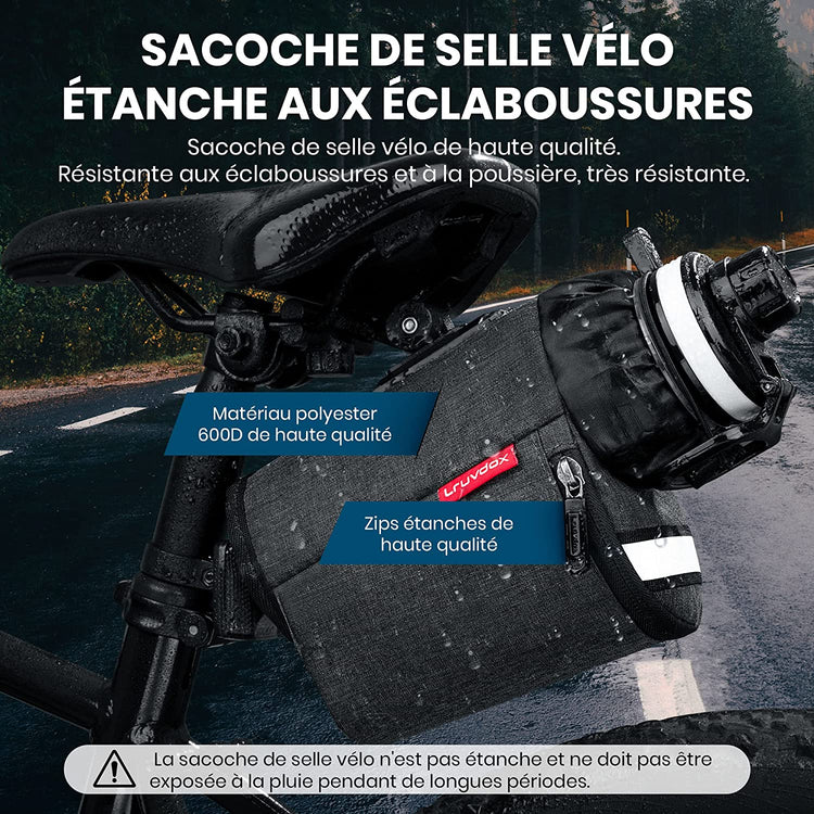 Sacoche Selle Velo VTT Réfléchissante Porte-Bouteille et Clip à Libération Rapide 1.5L GRIS